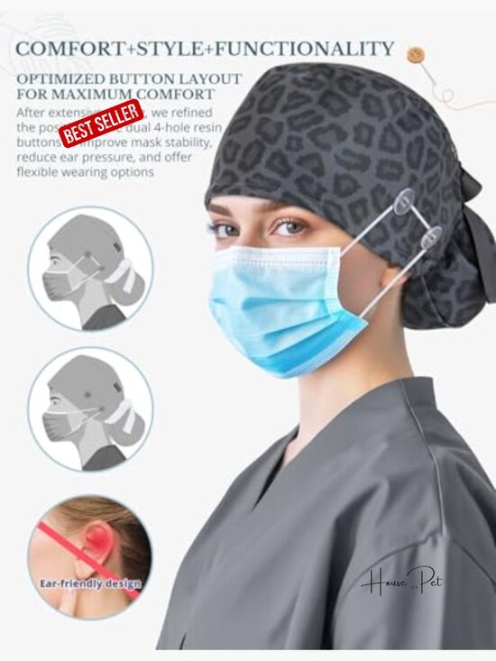 Double-Sided Printed Surgical Hat with Buttons and Sweatband, Soft Nurse Cap